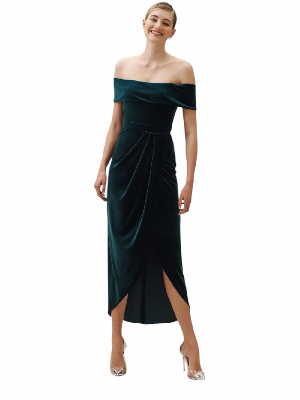 BHLDN x Anthropologie - Edison Emerald Green Velvet Off Shoulder Maxi Dress Sz 2